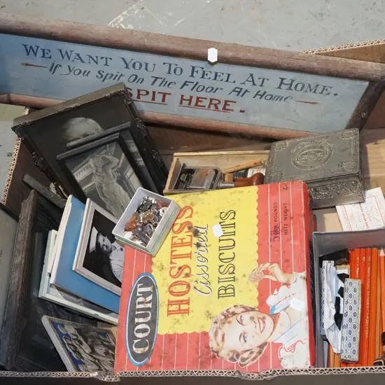 box; old pencils, biscuit tins, prints etc