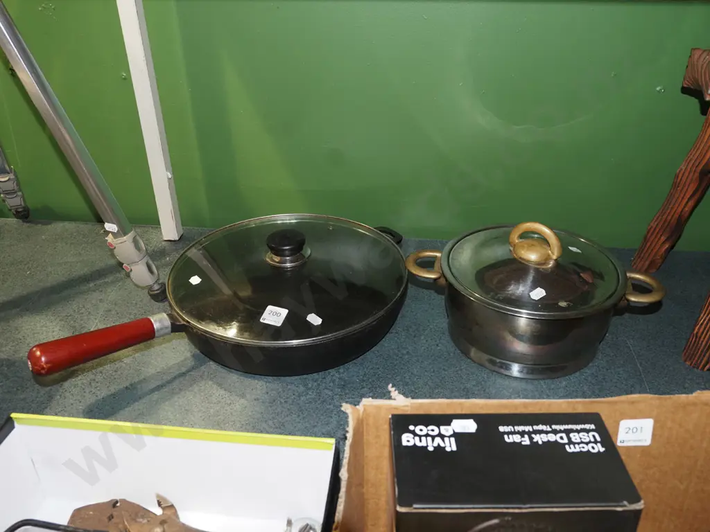 cast iron lidded frying pan, stainless steel and brass pot Image 1++