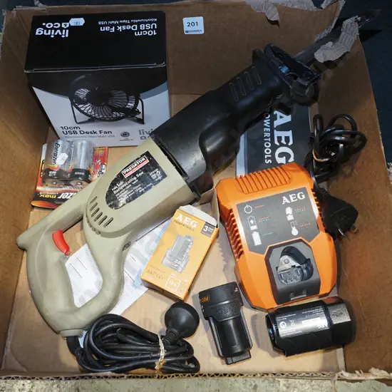 box; USB desk fan, reciprocating saw, AEG charger etc