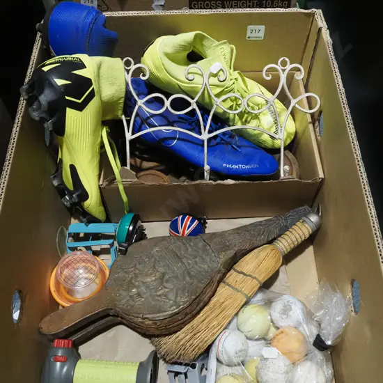 box; scale weights, bellows, golf balls etc