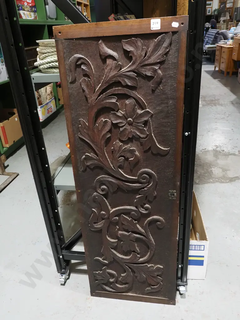 heavily carved wooden panel possibly from drop front desk W1000 Image 1++