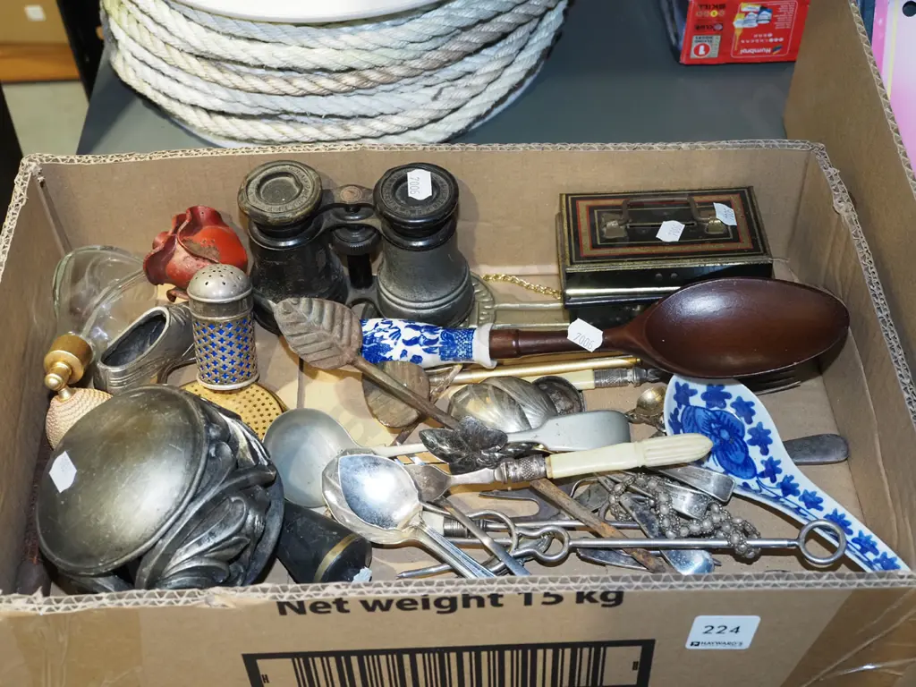 box; vintage binoculars, cutlery, metal rose etc Image 1++