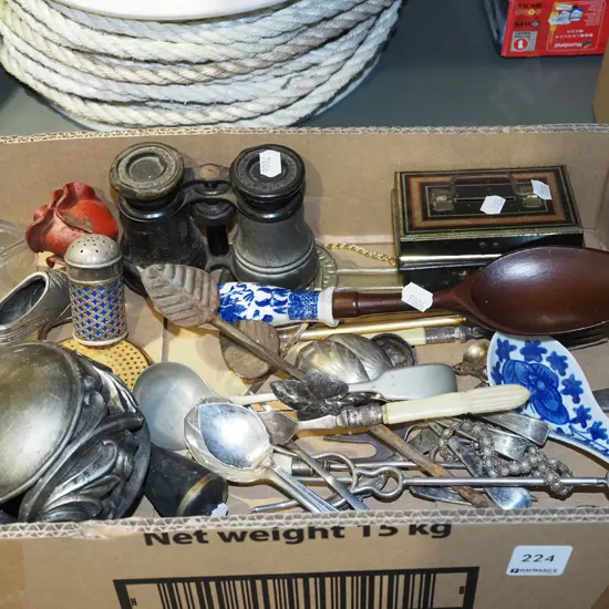 box; vintage binoculars, cutlery, metal rose etc