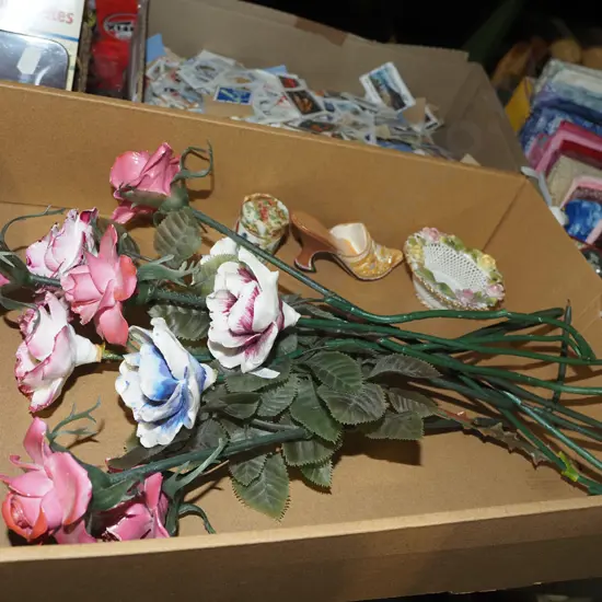 box; ceramic flowers, smal shoe etc