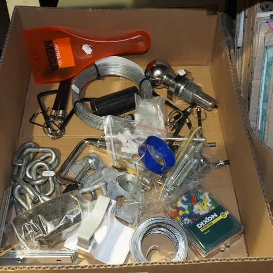 box; metal chain, tow ball, ice scraper etc