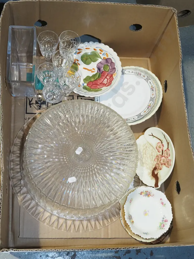 box; plastic cake tray and cover dish, sherry glasses, bowls etc Image 1++