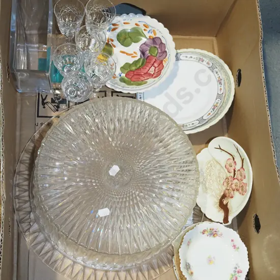 box; plastic cake tray and cover dish, sherry glasses, bowls etc