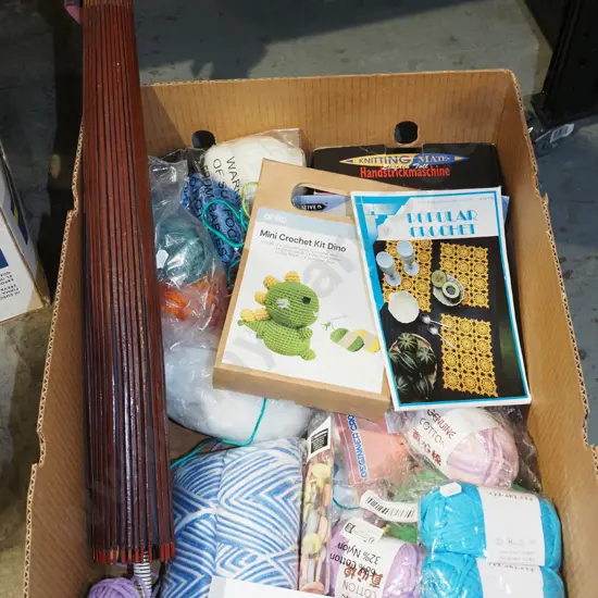 box; knitting yarns, parasol, buttons etc