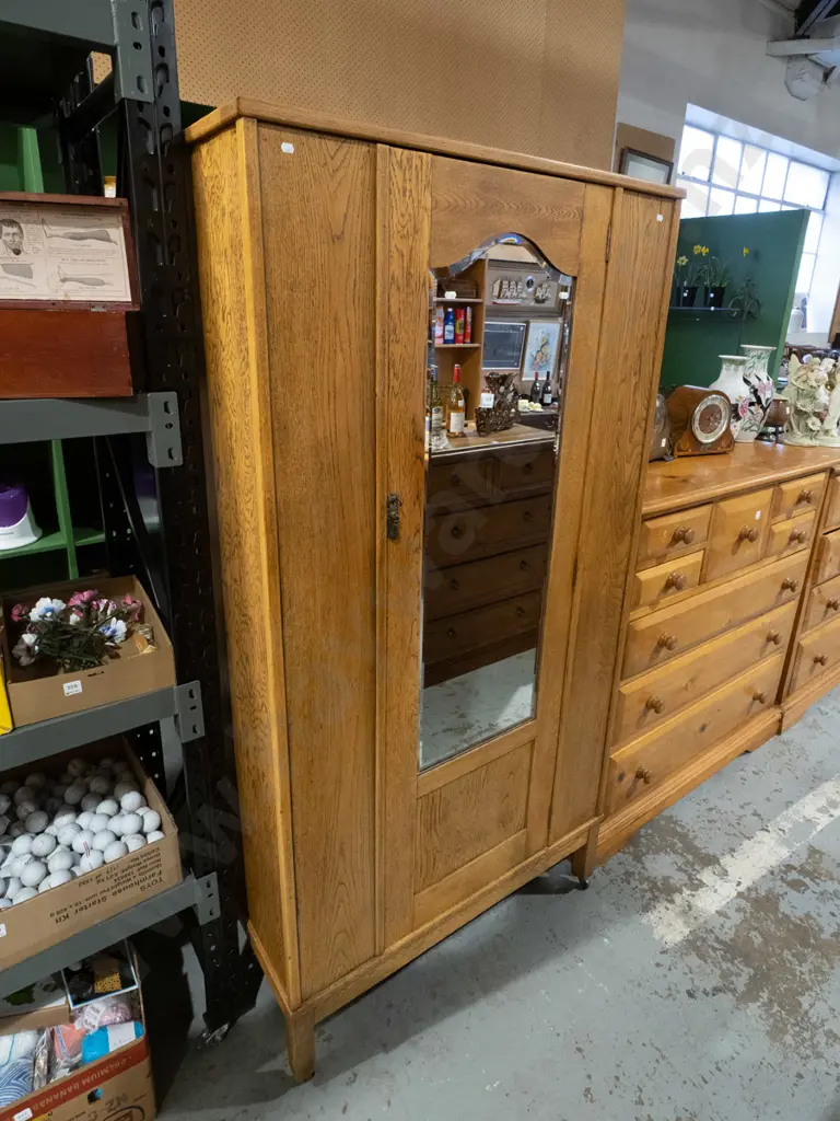oak single door wardobe on casters with bevelled edge mirror H1870 W945 D510 Image 1++