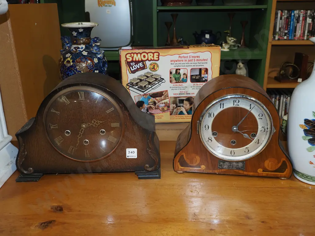 2x wood cased mantle clocks - 1 has cracks to base - working condition unknown Image 1++