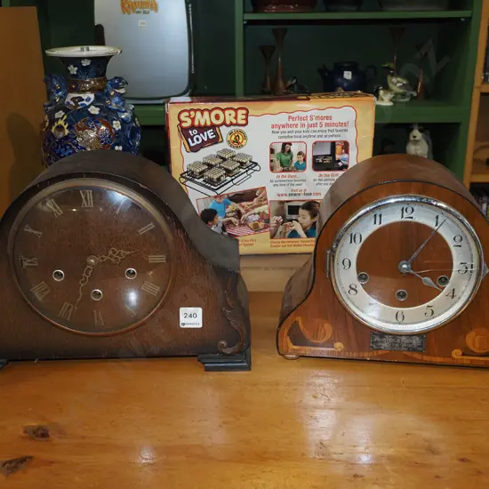 2x wood cased mantle clocks - 1 has cracks to base - working condition unknown