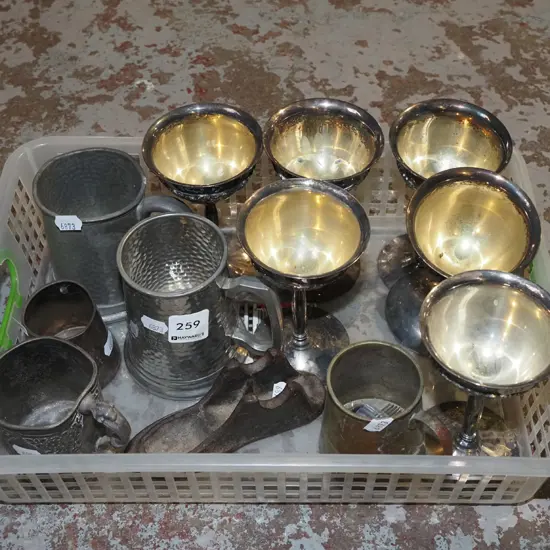 tray; plated goblets, beer mugs, part shoe  last etc