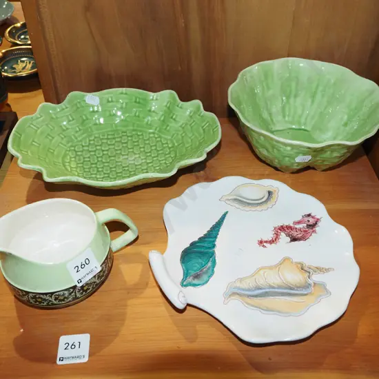 retro Italian ocean themed platter , Carlton creamer, 2x green ceramic bowls