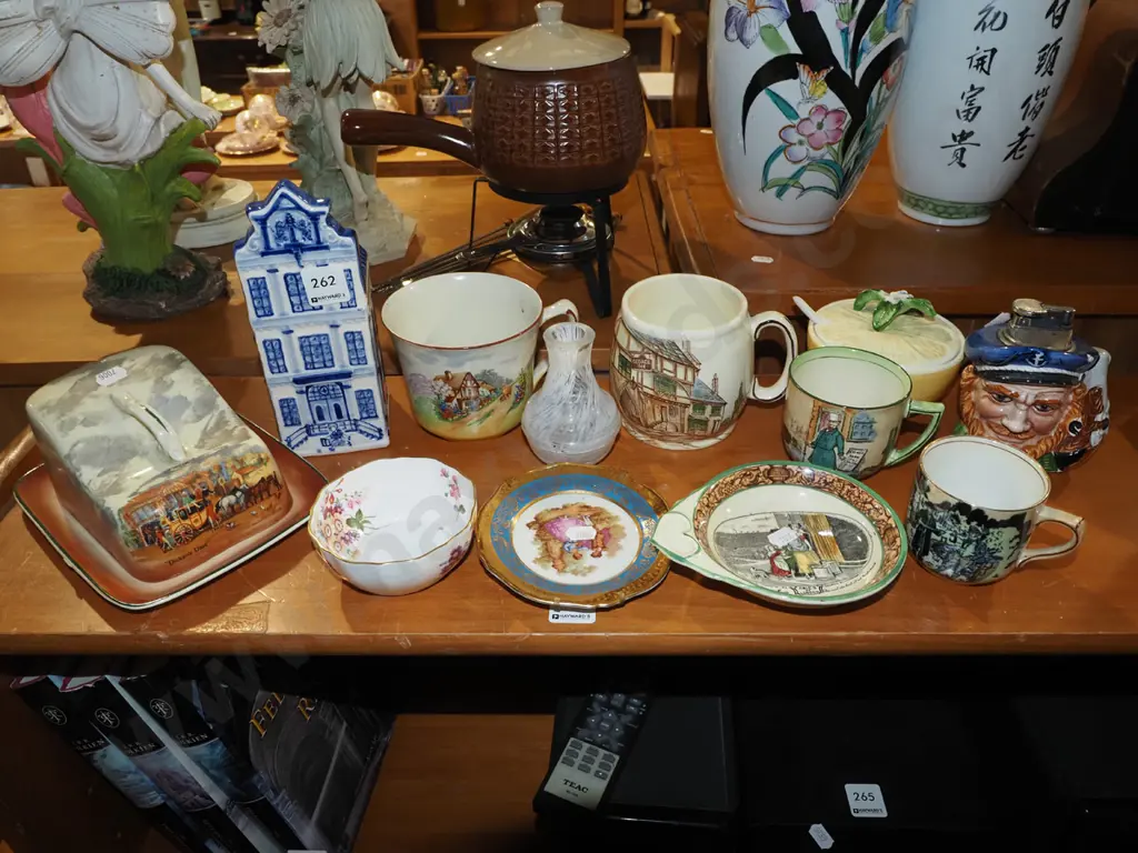 shelf; ceramic house themed money box, cups, mugs etc Image 1++