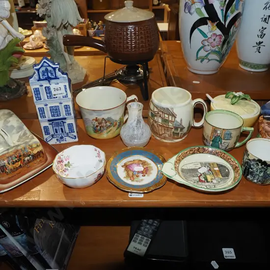 shelf; ceramic house themed money box, cups, mugs etc