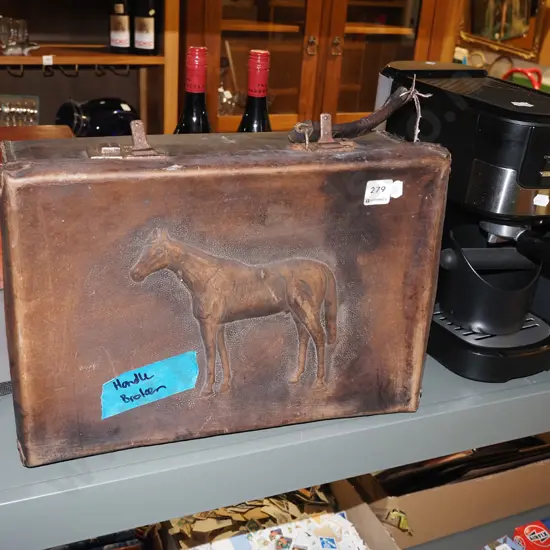 small tooled  leather horse themed suitcase - handle broken W400