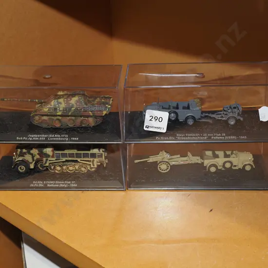 4x military vehicles in plastic cases - 1 has crack to lid