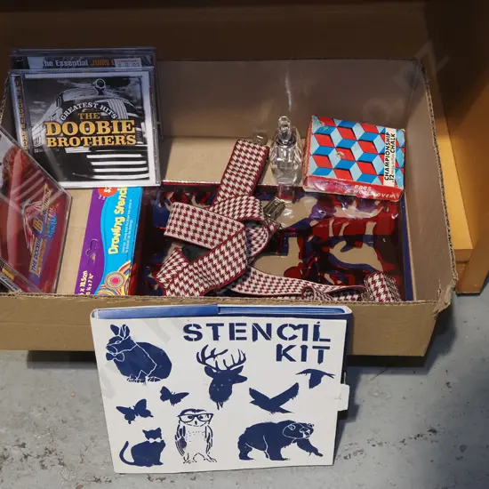 box; stencil kit, braces, CDs etc