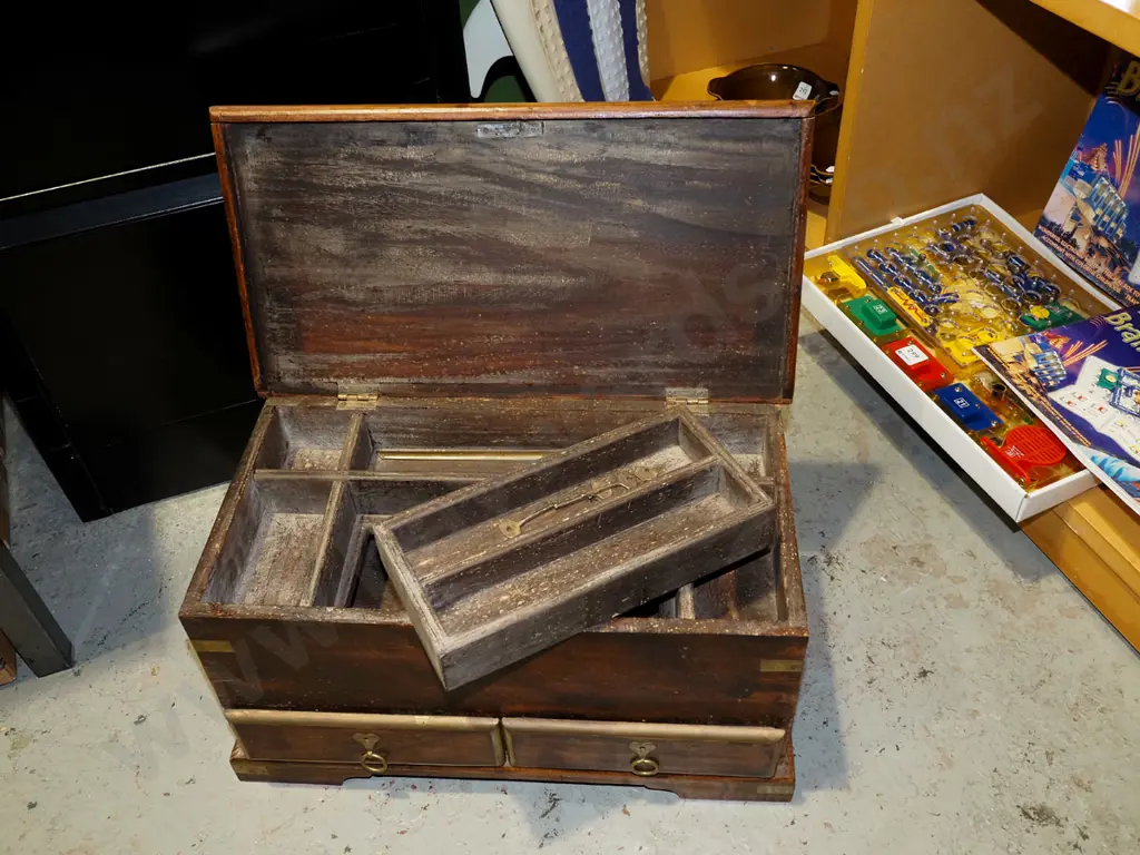unusual small brass bound mahogany chest with fitted interior and 2 lockable drawers - drawer locks working, lid lock is Image 1++