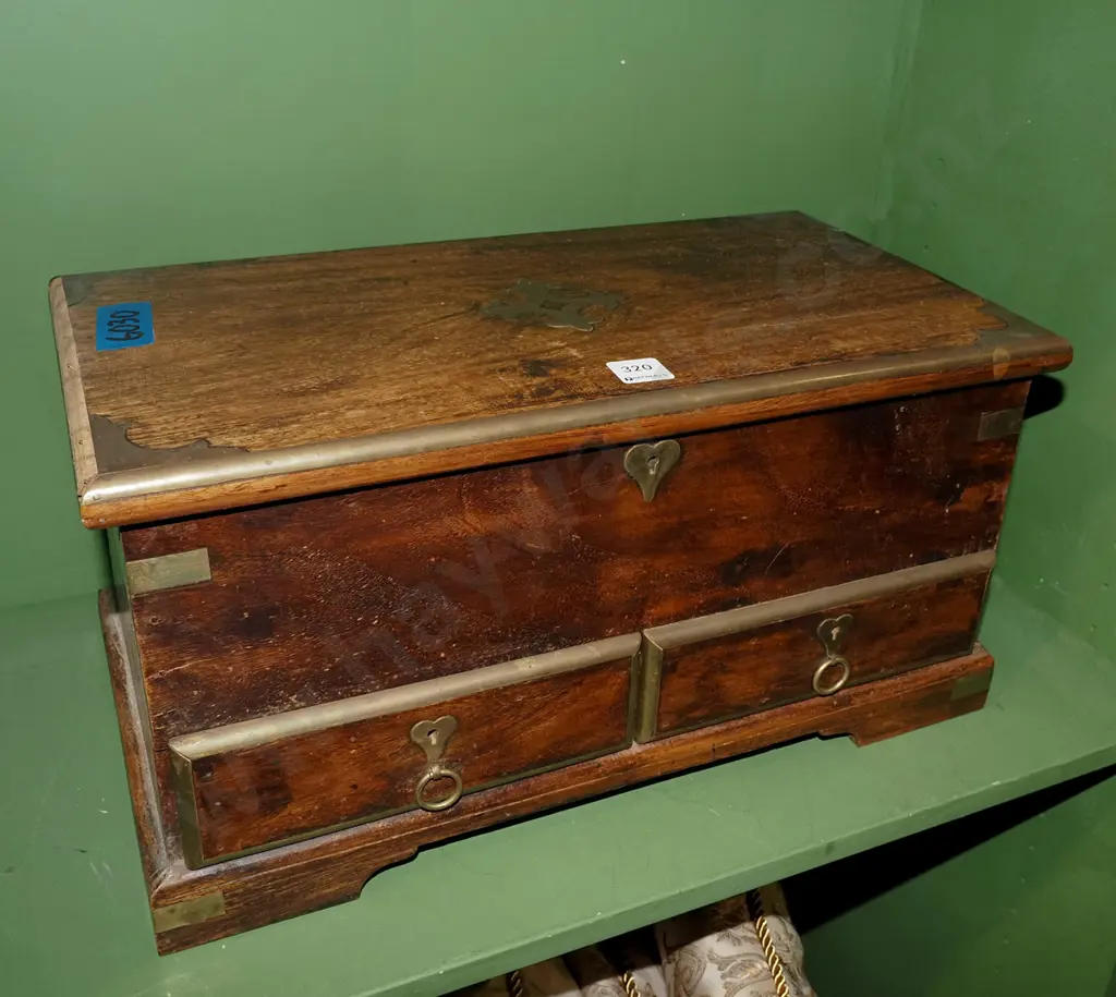 unusual small brass bound mahogany chest with fitted interior and 2 lockable drawers - drawer locks working, lid lock is Image 1++