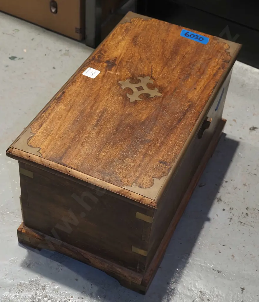 unusual small brass bound mahogany chest with fitted interior and 2 lockable drawers - drawer locks working, lid lock is Image 1++