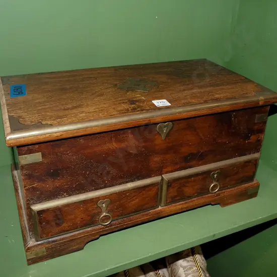 unusual small brass bound mahogany chest with fitted interior and 2 lockable drawers - drawer locks working, lid lock is