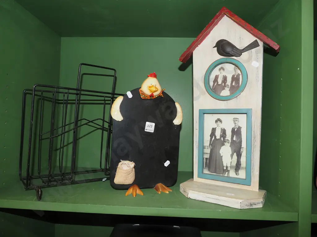 small blackboard, unusual bird house themed picture frame, wrought metal magazine rack Image 1++
