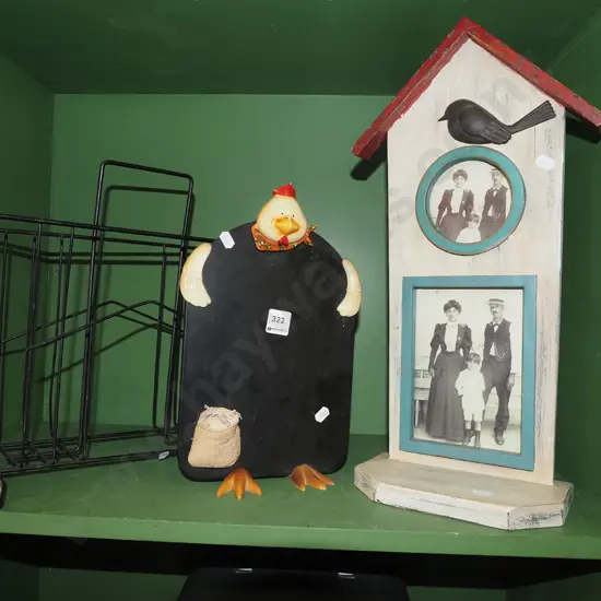 small blackboard, unusual bird house themed picture frame, wrought metal magazine rack