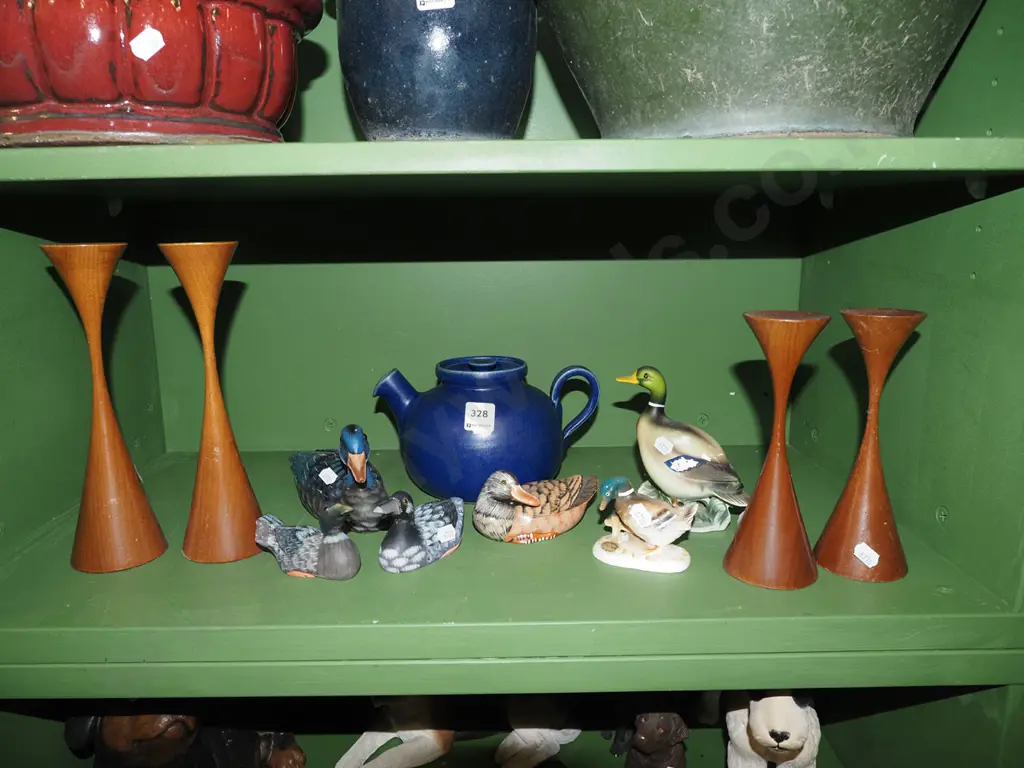 blue ceramic teapot, duck figurines, candlesticks Image 1++