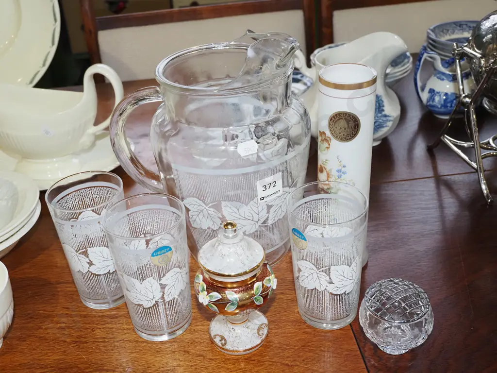 water jug, 3x tumblers, milk glass floral vase etc Image 1++