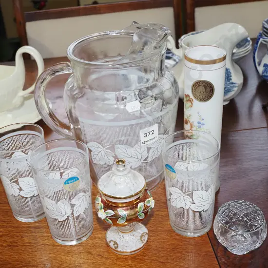 water jug, 3x tumblers, milk glass floral vase etc