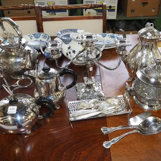 assorted plated ware; teapot, coffee pots etc