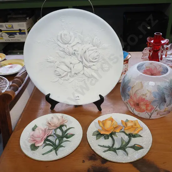 Capodimonte rose plates - damage to 1 leaf, Bossons rose wall charger, floral glass vase