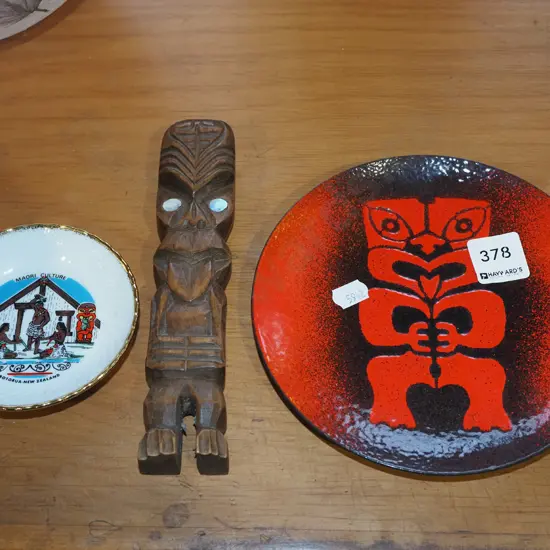 Maori enamel plate, pin dish, carved souvenir ware