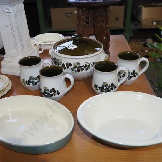 Denby baking dishes, Clover decorated cups, lidded casserole