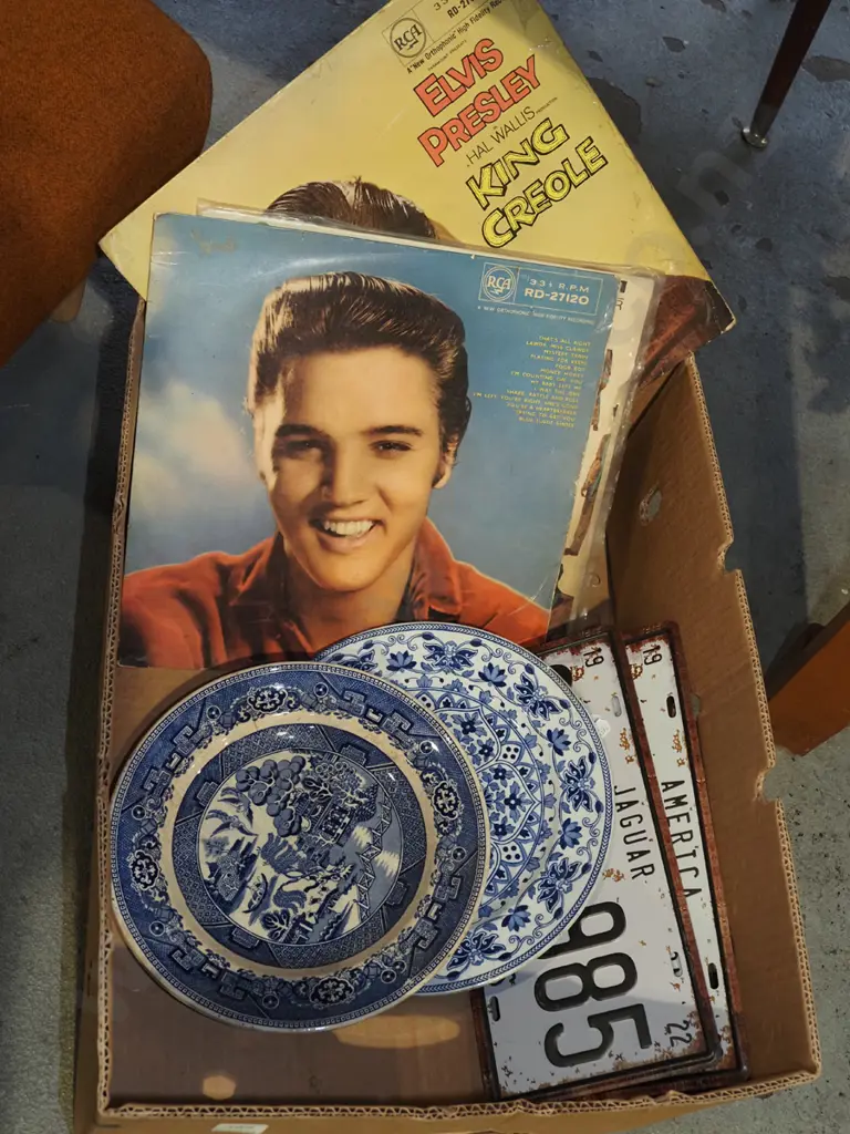 3x number plate prints, blue and white plates, Elvis LPs Image 1++