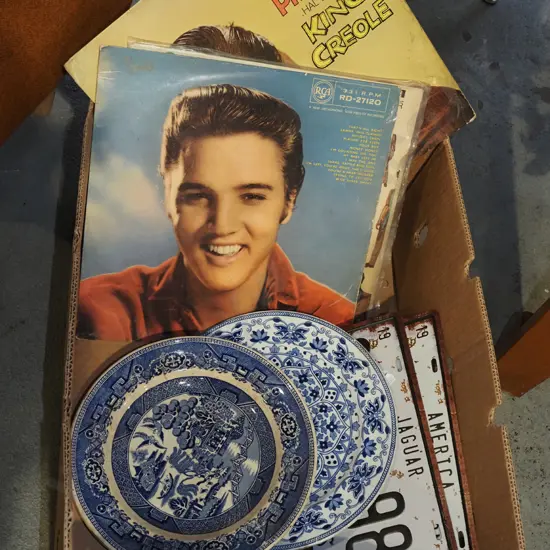 3x number plate prints, blue and white plates, Elvis LPs