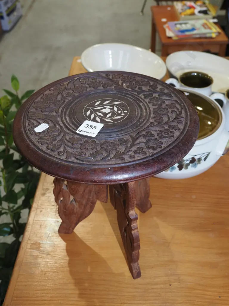 small Middle Eastern carved wood inlay foldaway plant stand H250 Image 1++