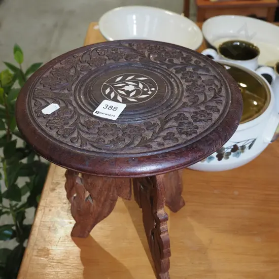small Middle Eastern carved wood inlay foldaway plant stand H250