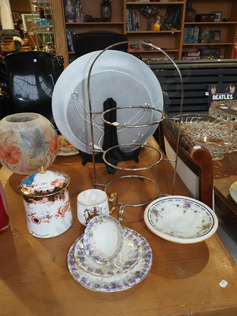 Crown Derby lidded canister (damage) Coronation mug with gilt lion handle, trio, chrome plated sweet stand etc Image 1++