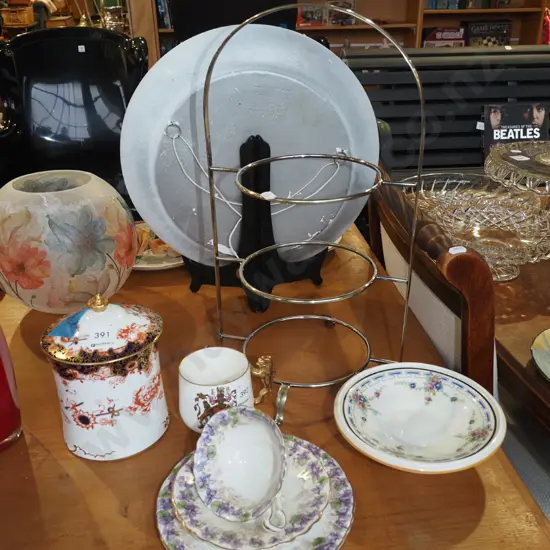 Crown Derby lidded canister (damage) Coronation mug with gilt lion handle, trio, chrome plated sweet stand etc