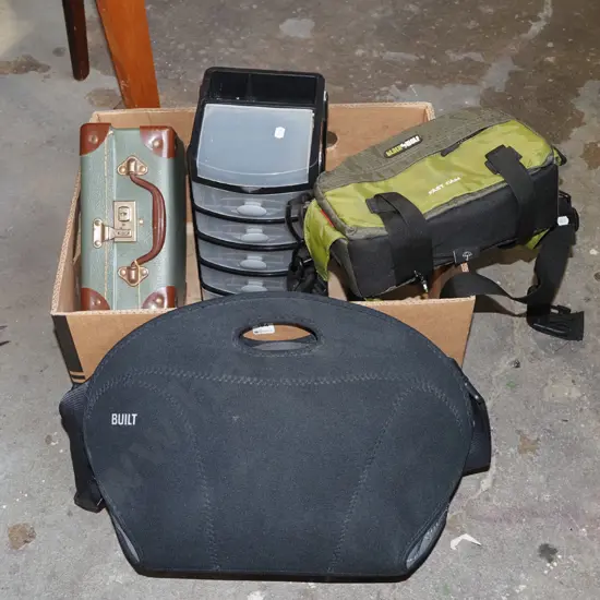 box; plastic drawers, 2x camera bags, vintage small carry case