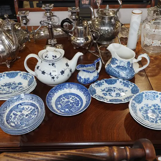 blue and white bowls, jugs, plates, Royal Doulton York Town teapot