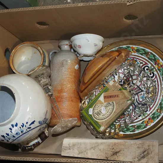 box; gin bottle, large ginger jar, candlestick etc.