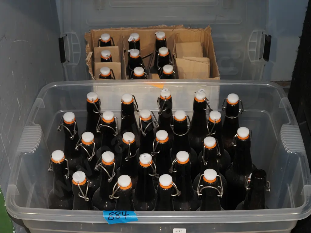 large plastic tub and box and self sealing home brew bottles Image 1++