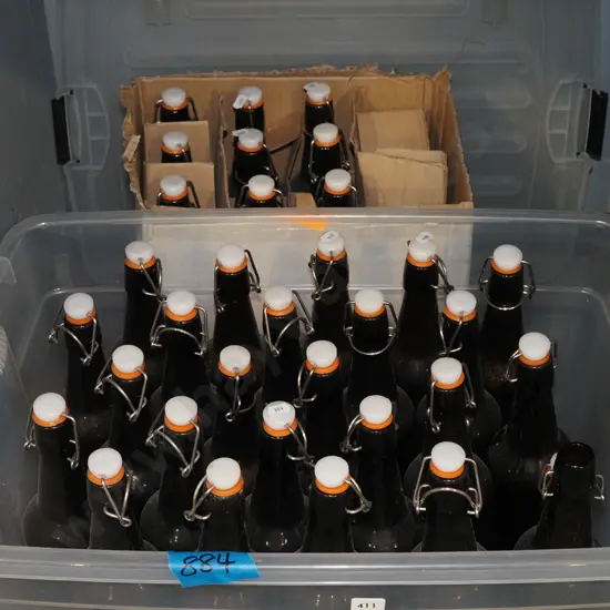 large plastic tub and box and self sealing home brew bottles