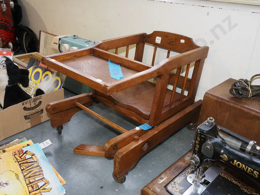 oak Schooler vintage child's chair with tray and on casters Image 1++