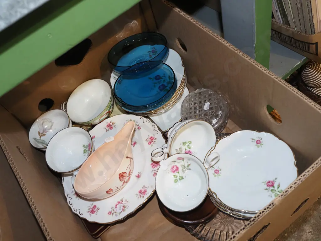box; German pink floral plates, bowls, Carlton gravy boat etc Image 1++