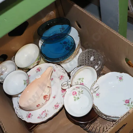 box; German pink floral plates, bowls, Carlton gravy boat etc