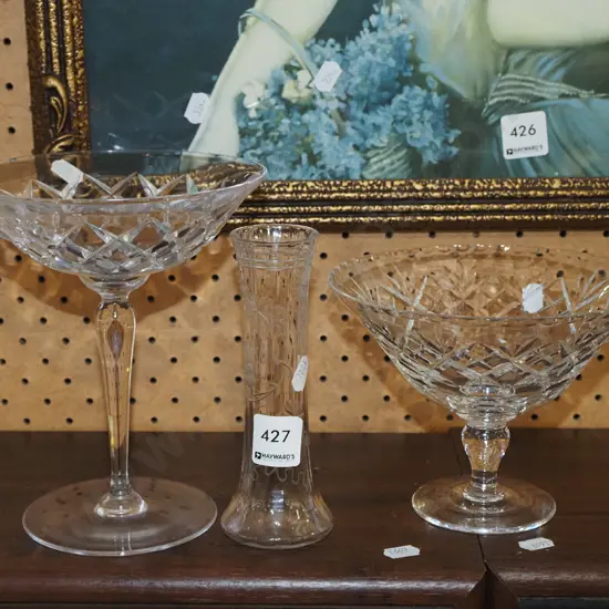 2x cut crystal comports, vase Tallest H180
